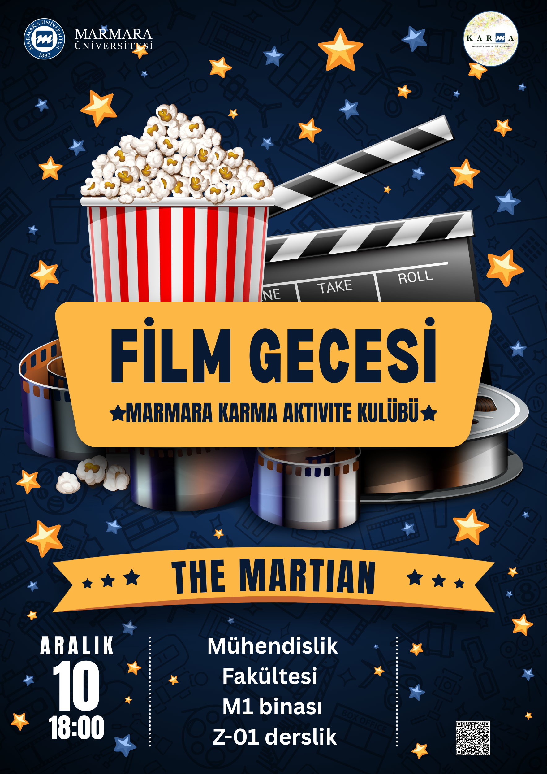 -Karma Film Gecesi
Recep Tayyip Erdoğan Külliyesi Maltepe Yerleşkesi - Derslik/Amfi/Laboratuvar/Diğer7 Mühendislik Fakültesi M1 binası Z-01 derslik - 10.12.2025 18:00:20:30